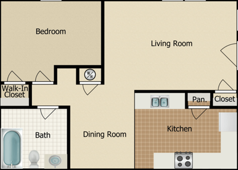 Floor plan for 1 bed, 1 bath, 627 sqft